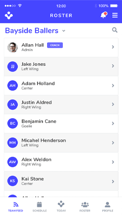 Roster screen of safe team mobile app