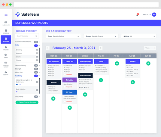 Scheduling workouts, exercises and others page of safe team web app